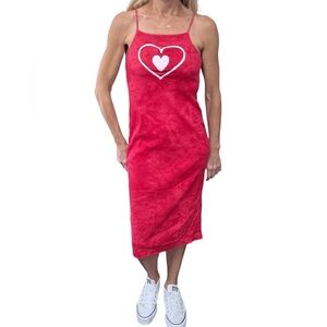 Y2K Red Heart Slip Dress Midi Bodycon Spaghetti Strap Size 10